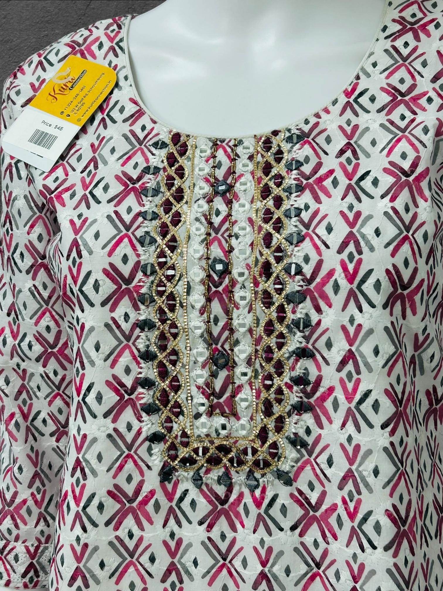 Cotton chikankari kurti with print: SALE - Kurti Connection USA