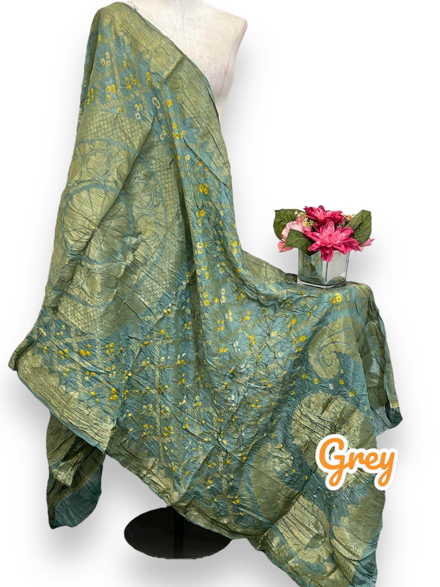 Grey bandhani silk dupatta - Kurti Connection USA