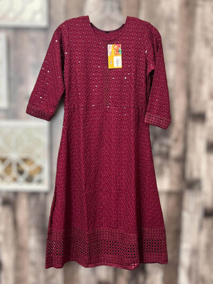 Chikankari kurtis for girls : wine color - Kurti Connection USA