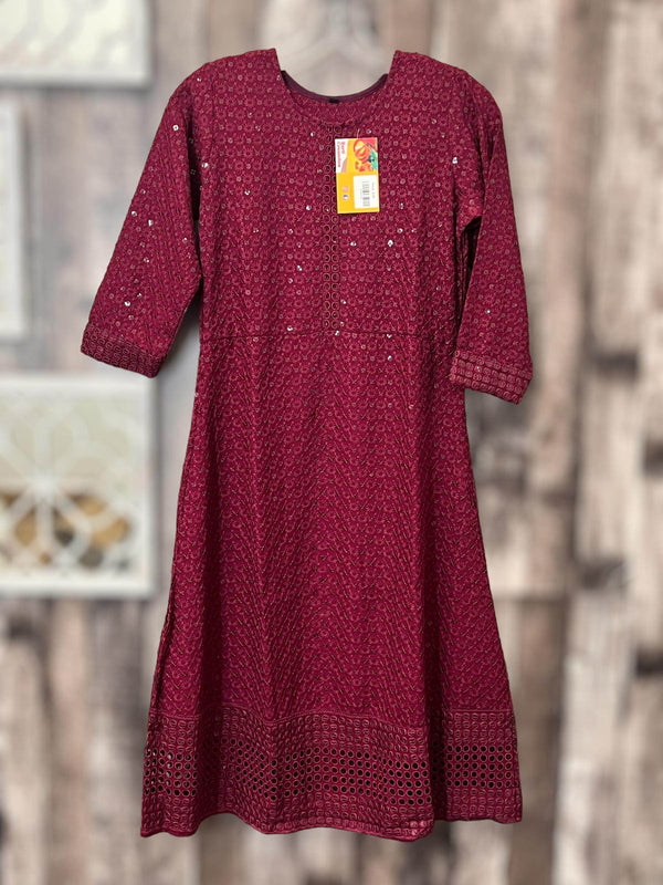 Chikankari kurtis for girls : wine color - Kurti Connection USA