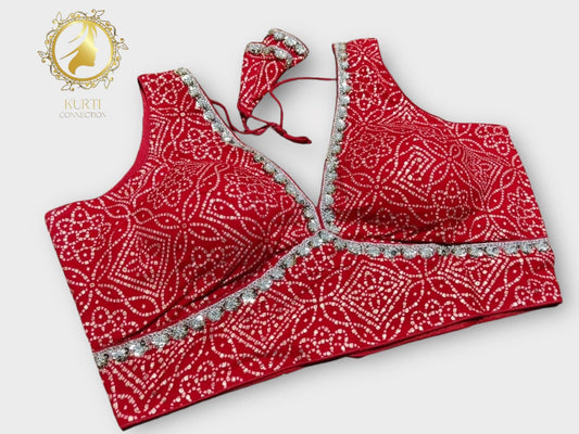 Red silver bandhani blouse - Kurti Connection USA