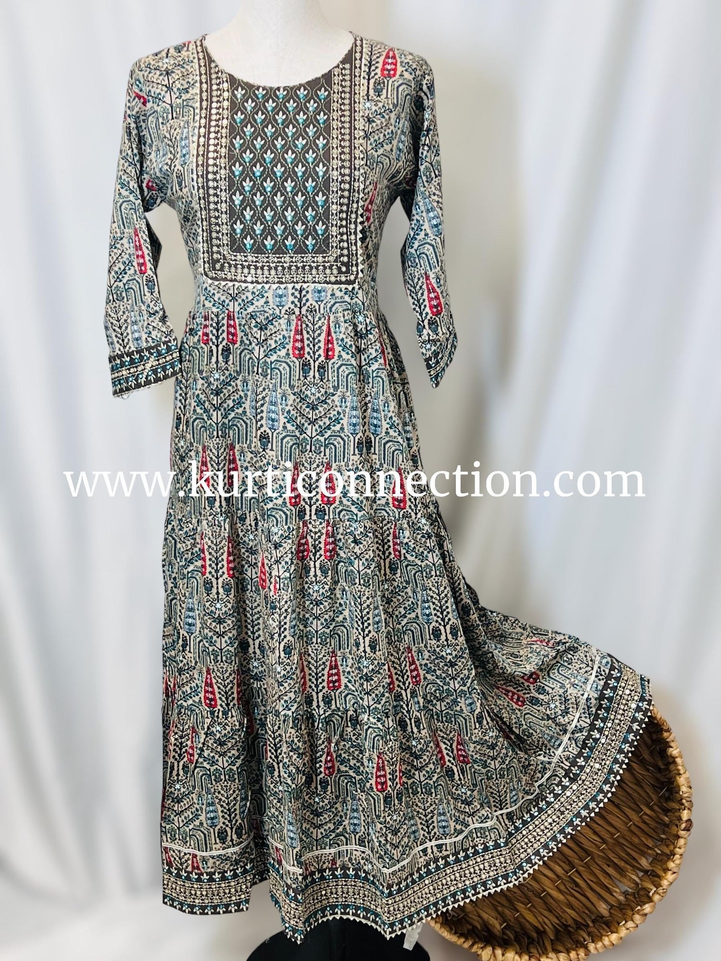 Printed cotton kurti with sequin border - Kurti Connection USA