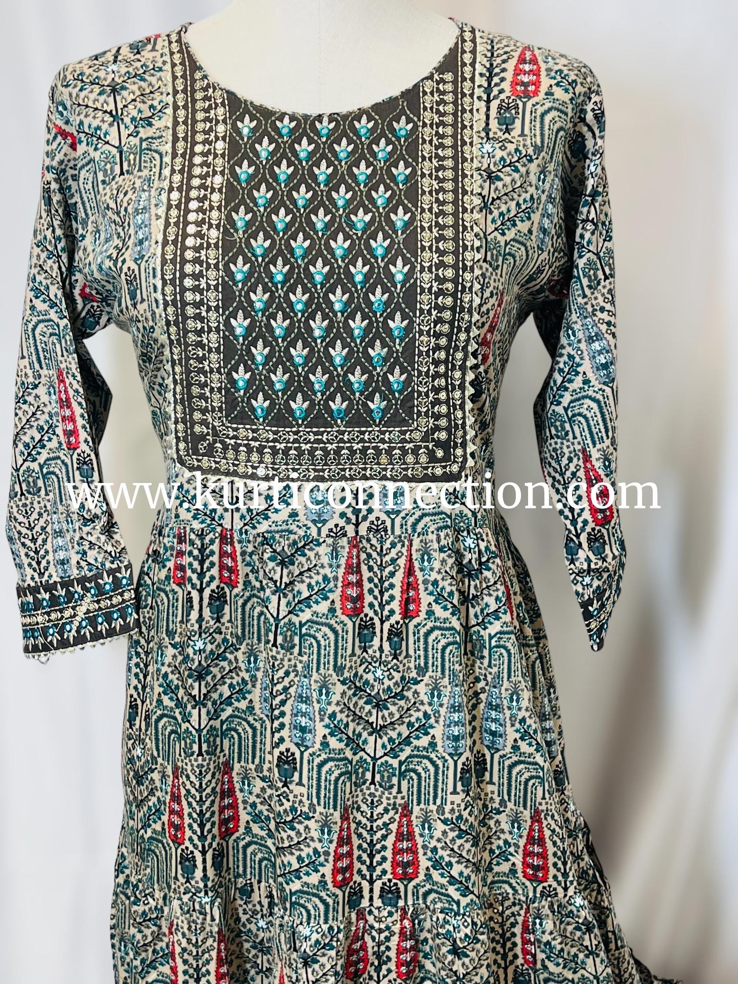 Printed cotton kurti with sequin border - Kurti Connection USA