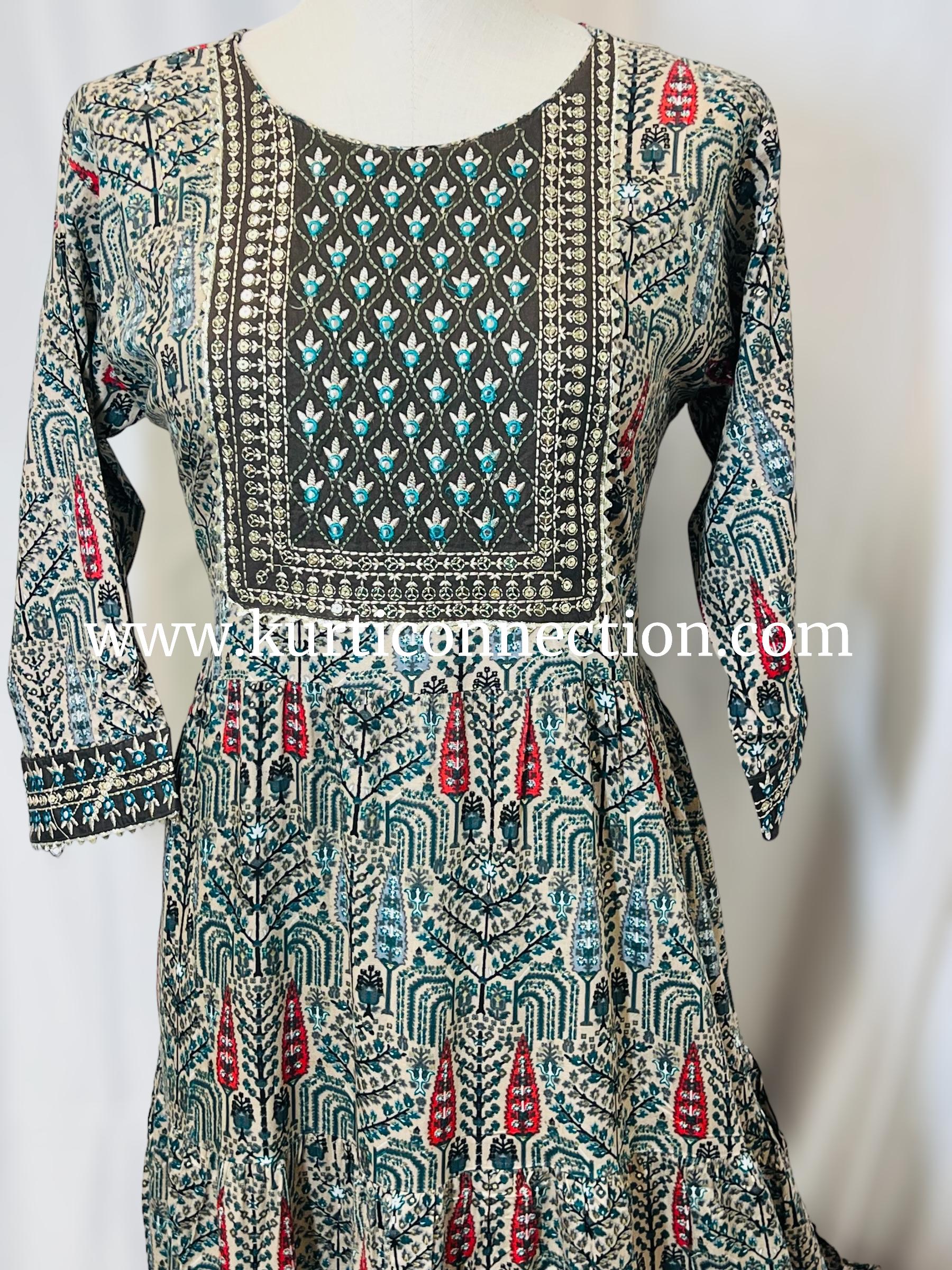 Printed cotton kurti with sequin border - Kurti Connection USA