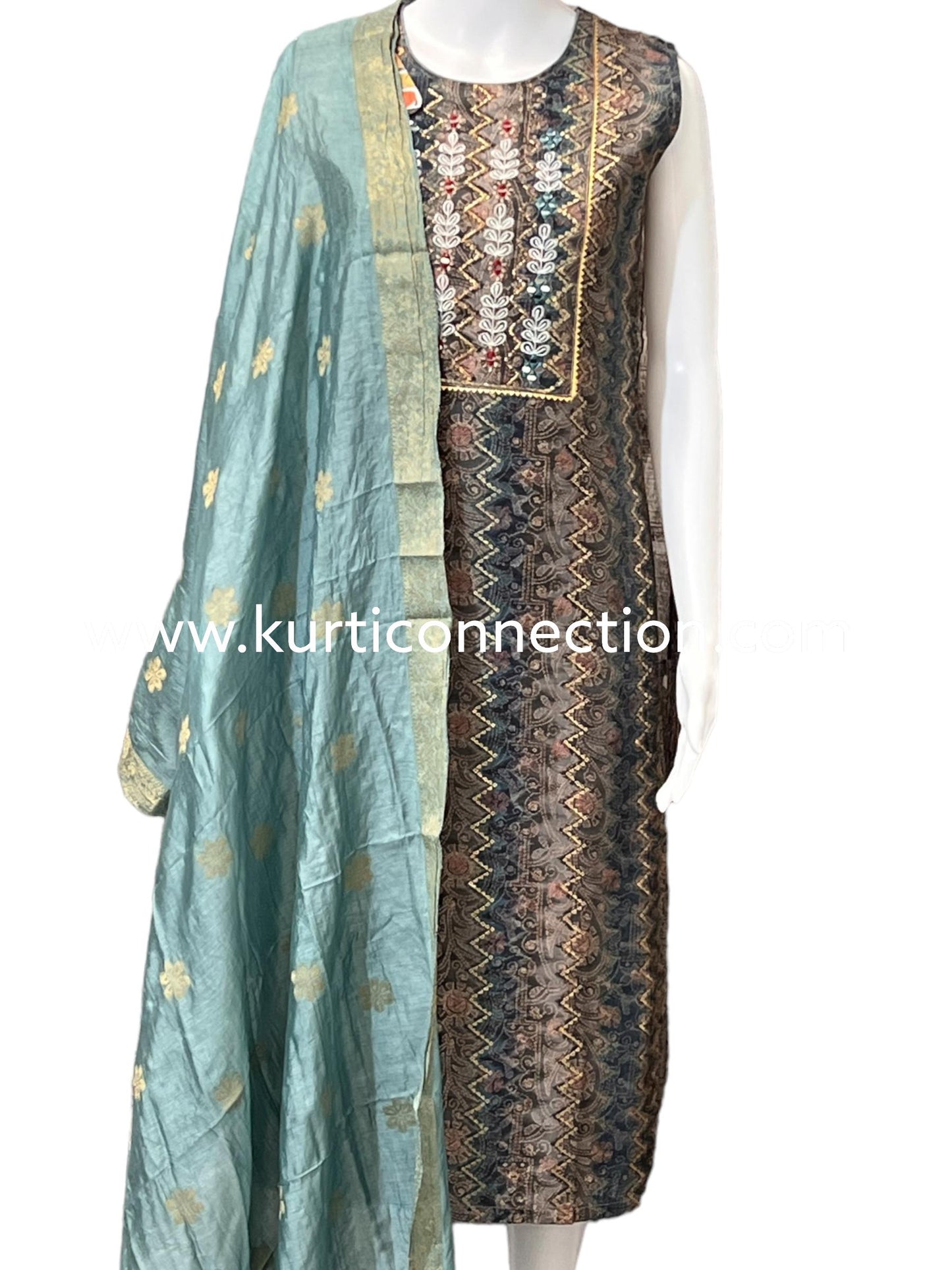 Chanderi silk suit with stretchable pant - Kurti Connection USA