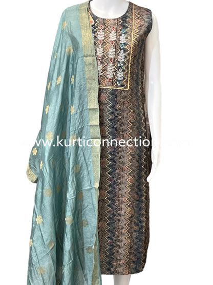 Chanderi silk suit with stretchable pant - Kurti Connection USA