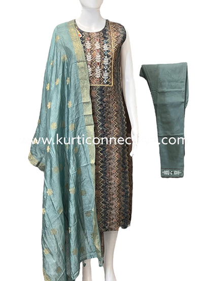 Chanderi silk suit with stretchable pant - Kurti Connection USA