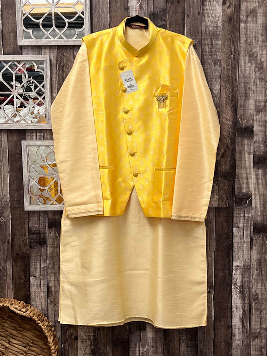 Cotton silk kurta pajaama set with jacket - Kurti Connection USA