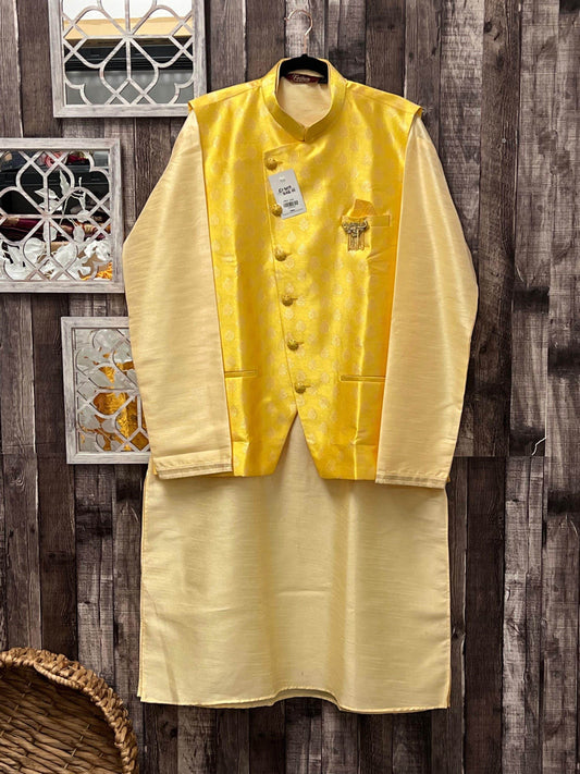 Cotton silk kurta pajaama set with jacket - Kurti Connection USA
