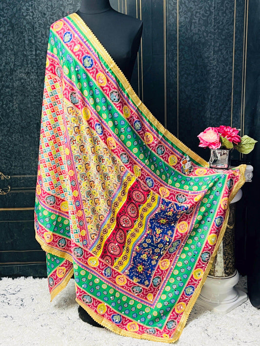Crape silk multi color dupatta | mirror work dupatta - Kurti Connection USA