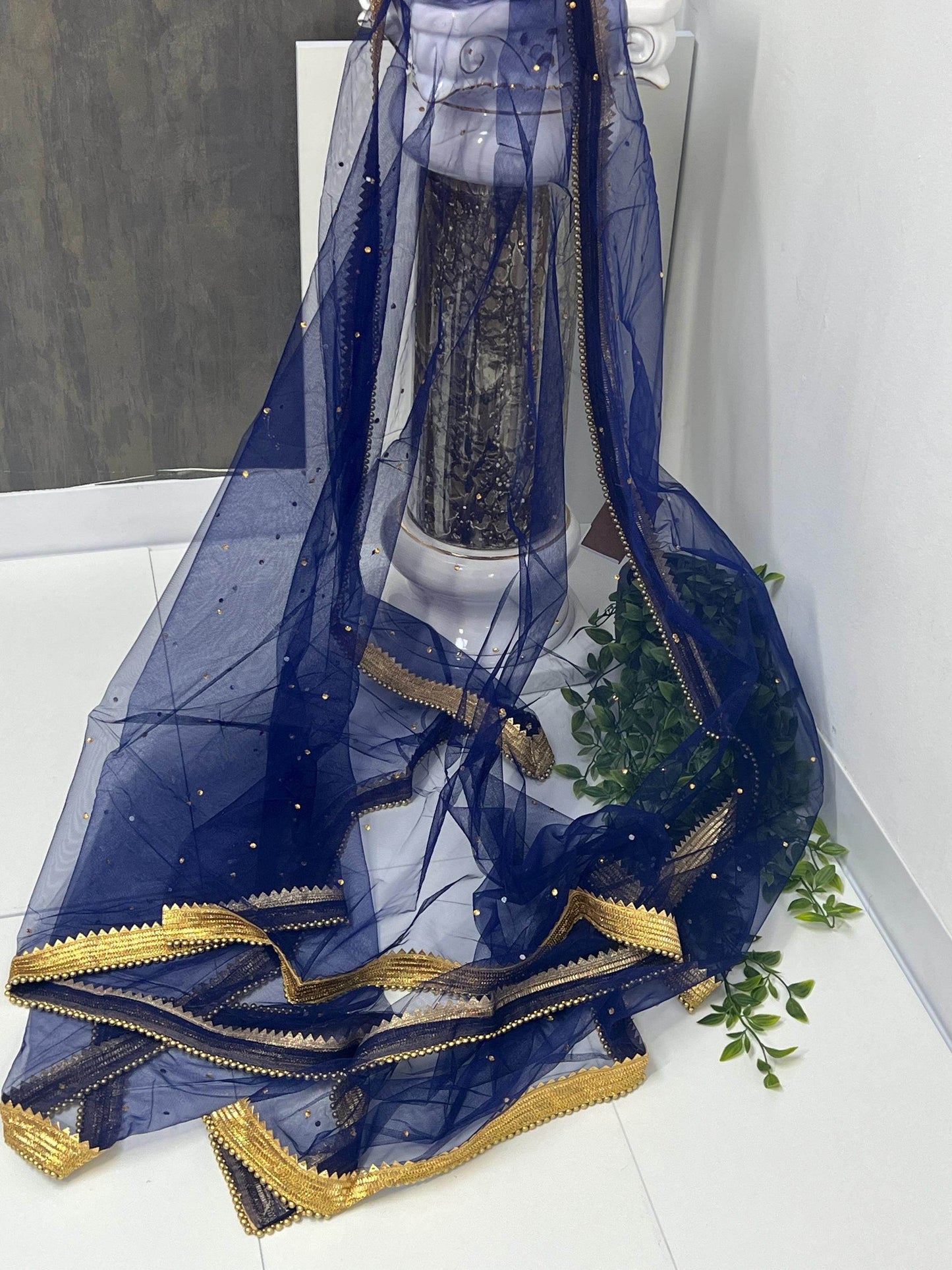 Dark blue Net dupatta with heavy lace - Kurti Connection USA