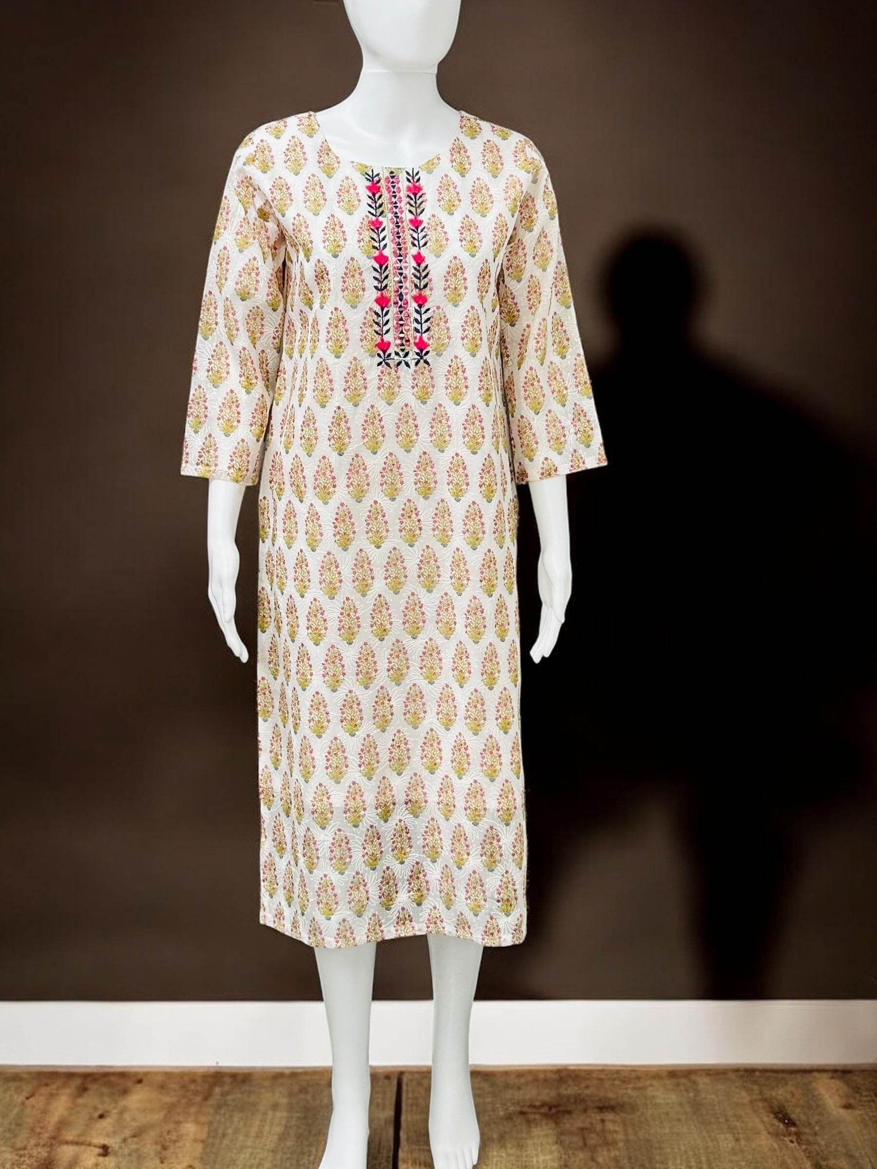 Chikankari cotton Kurti with block print - Kurti Connection USA
