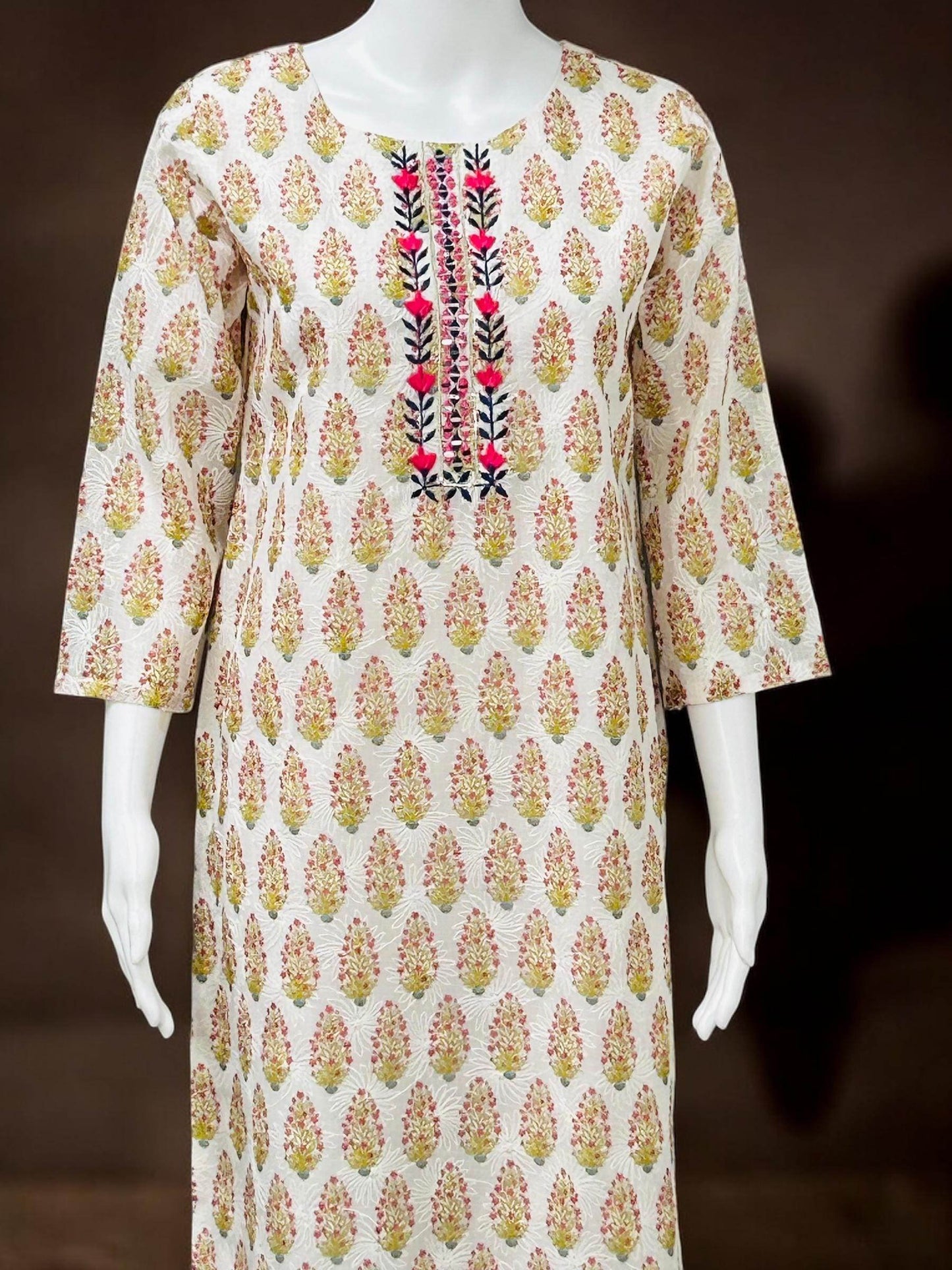 Chikankari cotton Kurti with block print - Kurti Connection USA