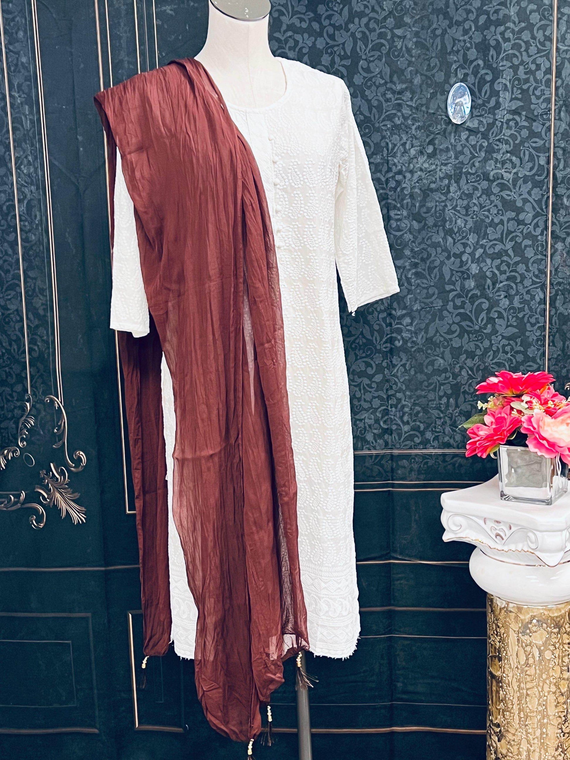 Chocolate brown chiffon dupatta - Kurti Connection USA