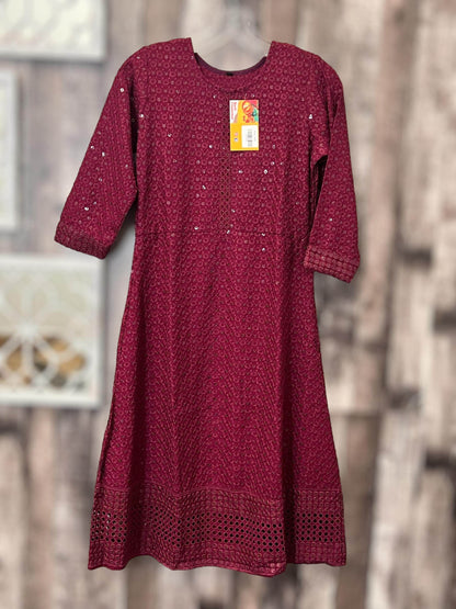 Chikankari kurtis for girls : wine color - Kurti Connection USA