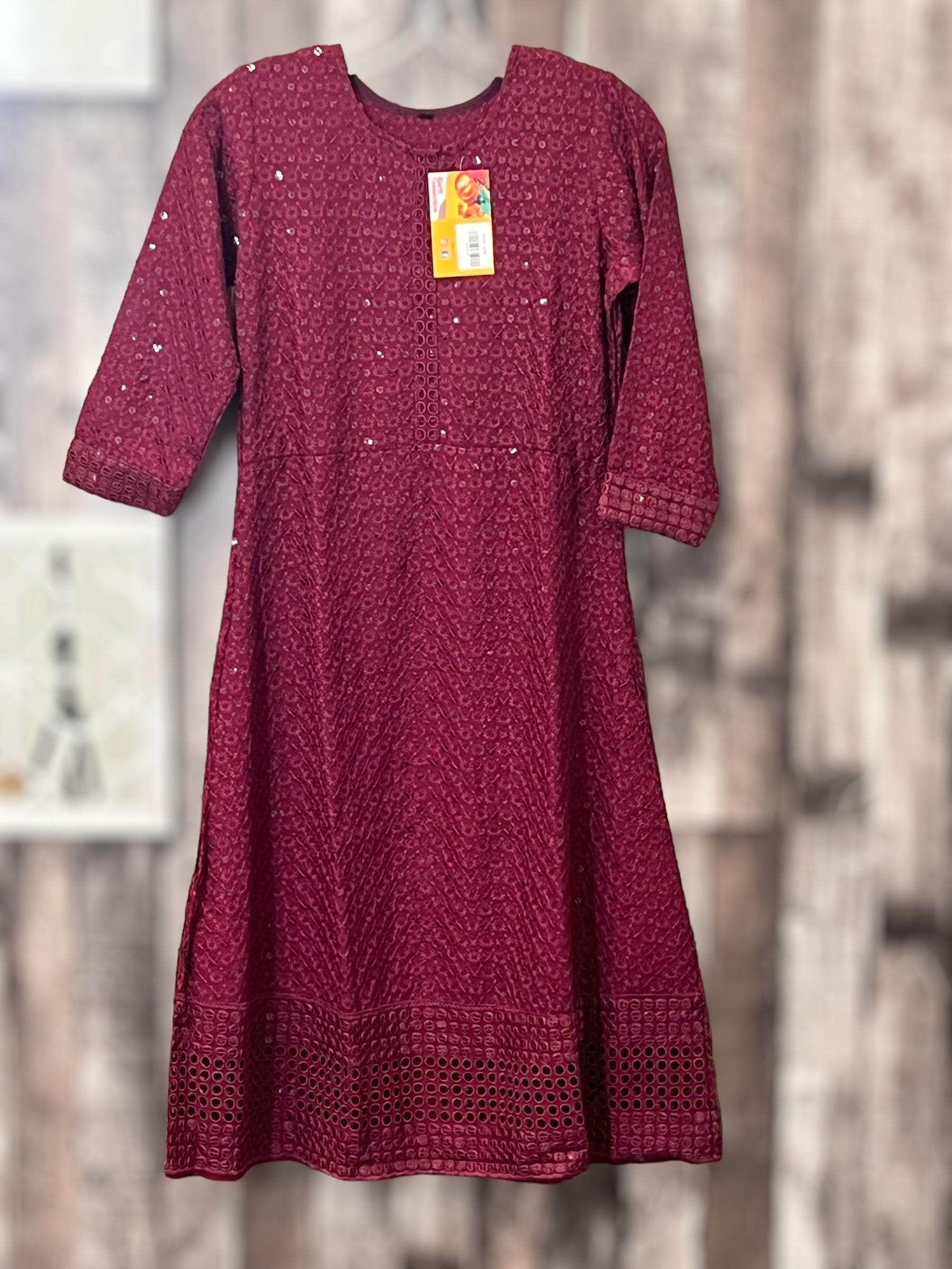 Chikankari kurtis for girls : wine color - Kurti Connection USA