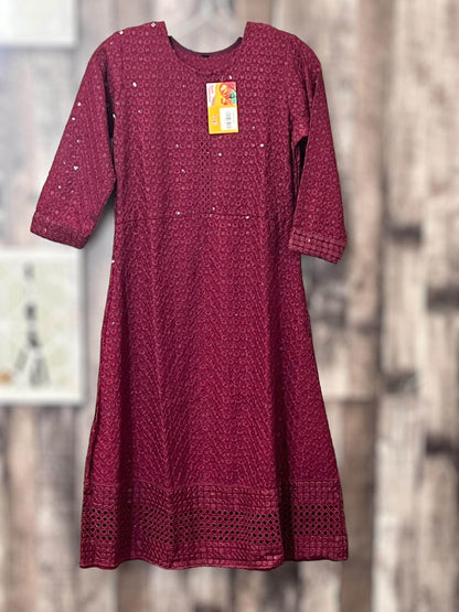 Chikankari kurtis for girls : wine color - Kurti Connection USA