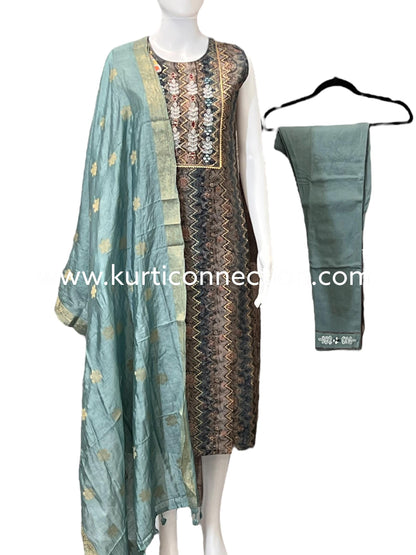 Chanderi silk suit with stretchable pant - Kurti Connection USA