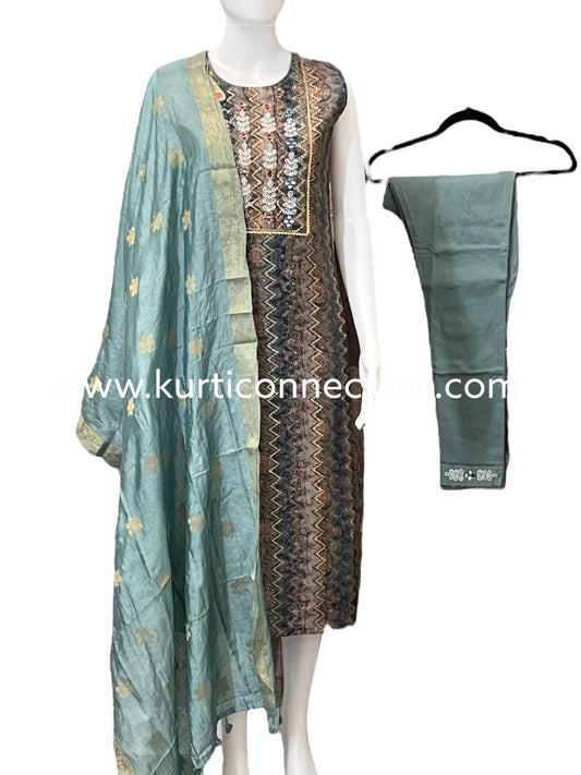 Chanderi silk suit with stretchable pant - Kurti Connection USA
