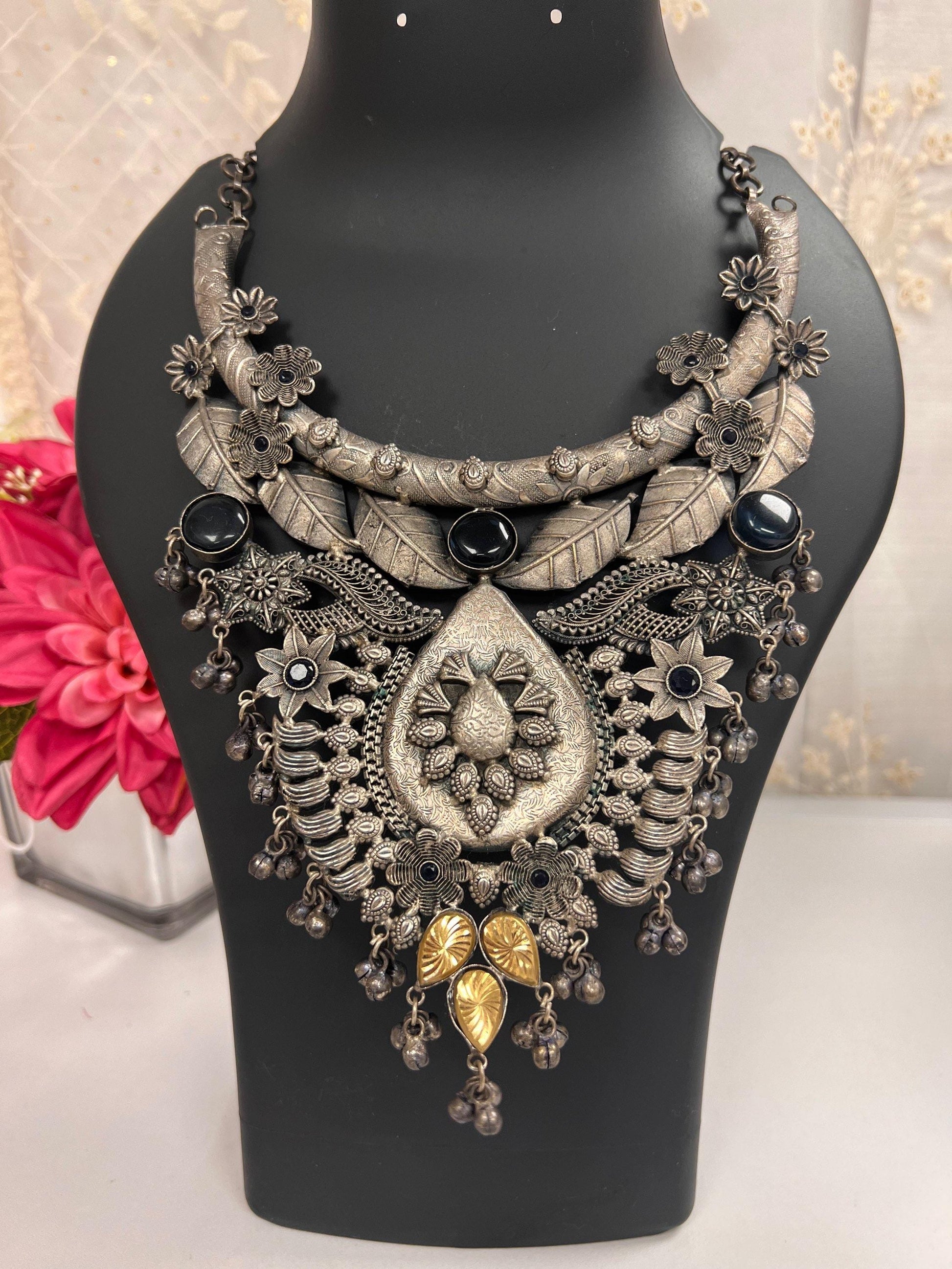 Oxidized silver necklace / statement piece - Kurti Connection USA