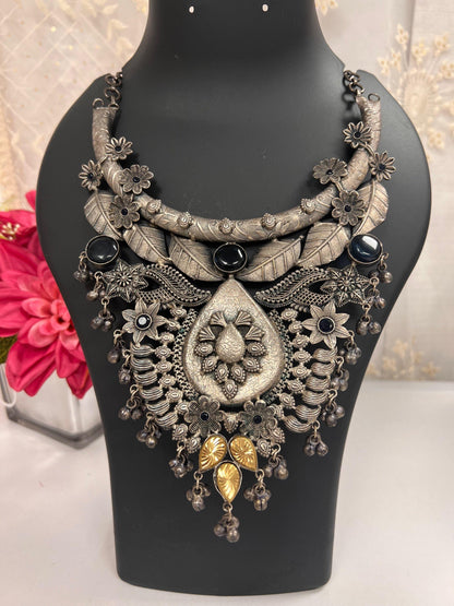 Oxidized silver necklace / statement piece - Kurti Connection USA