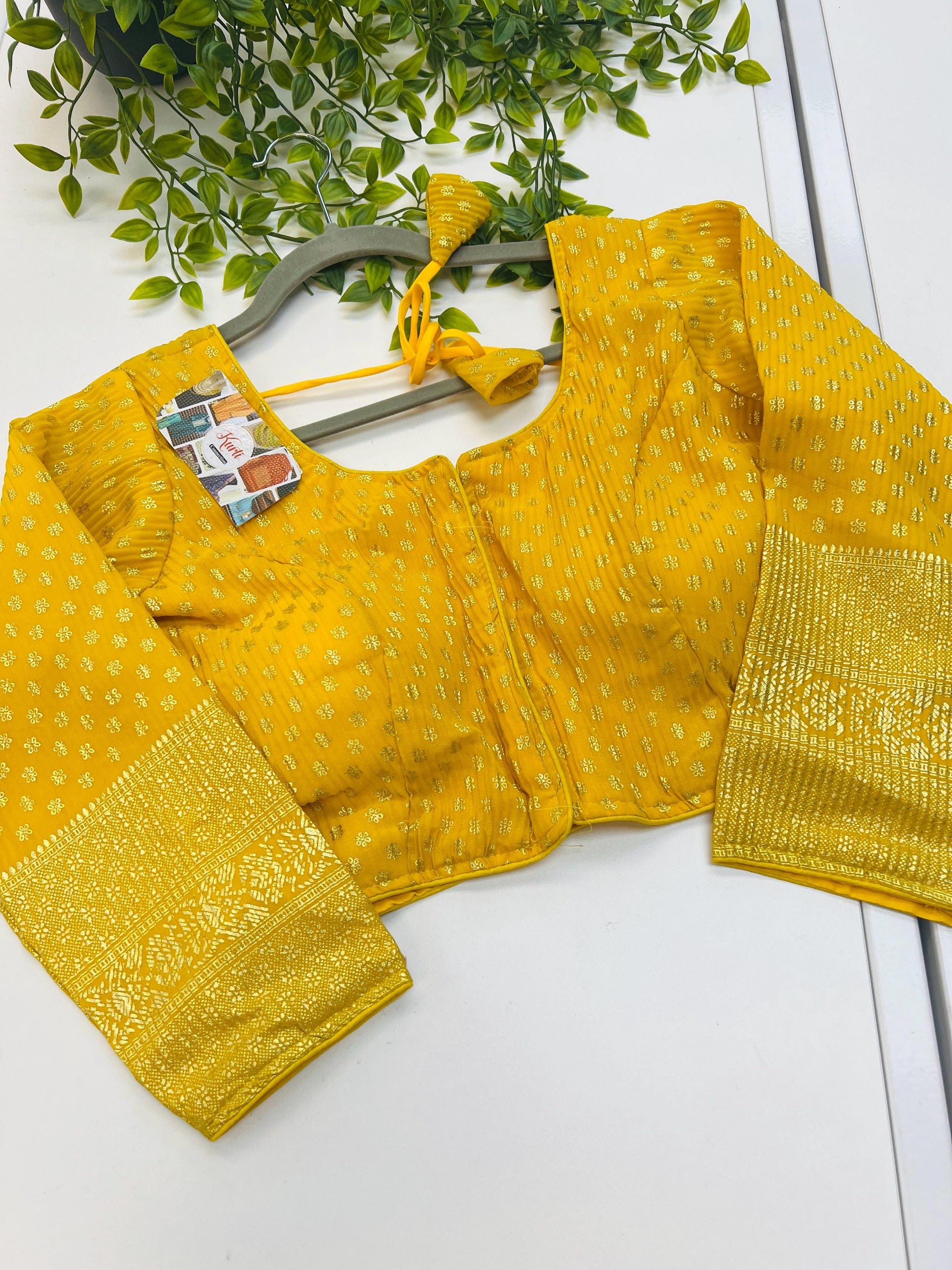 Yellow chiffon blouse | front hooks - Kurti Connection USA