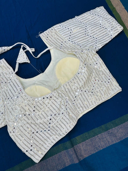 White blouse with mirror work - Kurti Connection USA