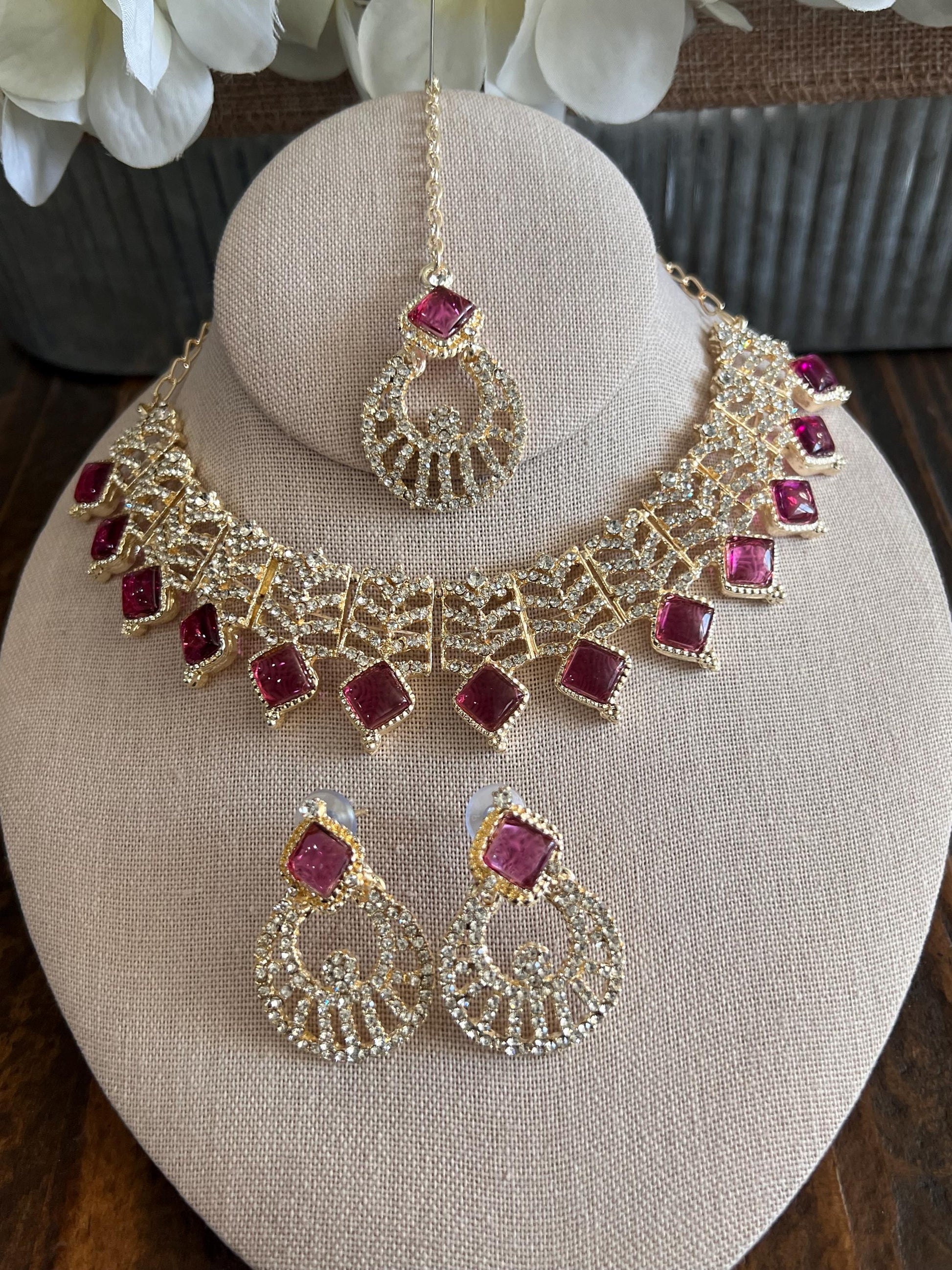 Kundan Necklace Set Gold Plated | Indian Bridal Polki Jewelry | Wedding Necklace Earrings & Maang Tikka | Ethnic Festive Jewelry by Etsy