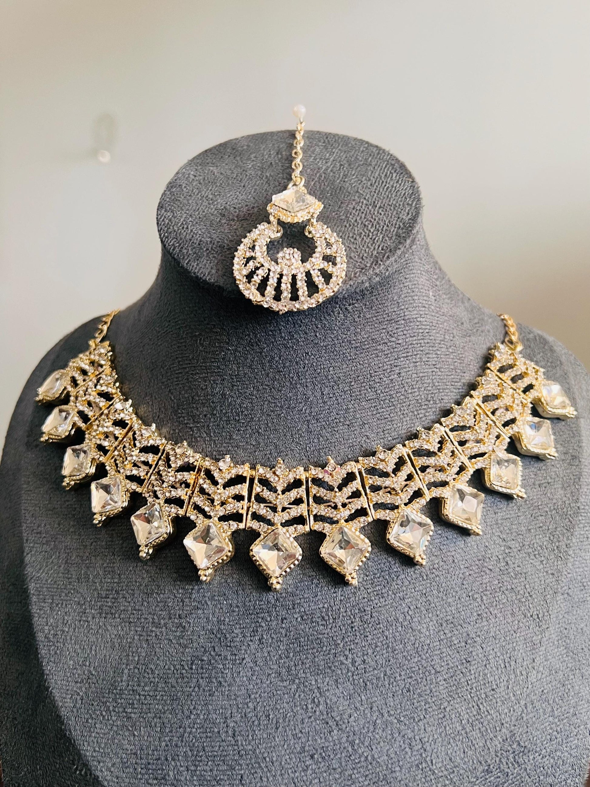 Kundan Necklace Set Gold Plated | Indian Bridal Polki Jewelry | Wedding Necklace Earrings & Maang Tikka | Ethnic Festive Jewelry by Etsy