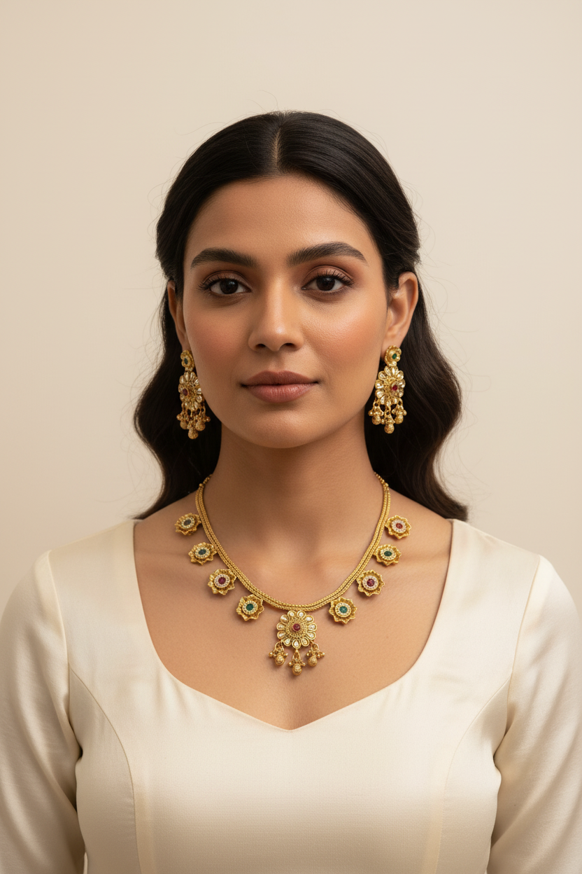 Gold polished necklace set by Kurti Connection USA