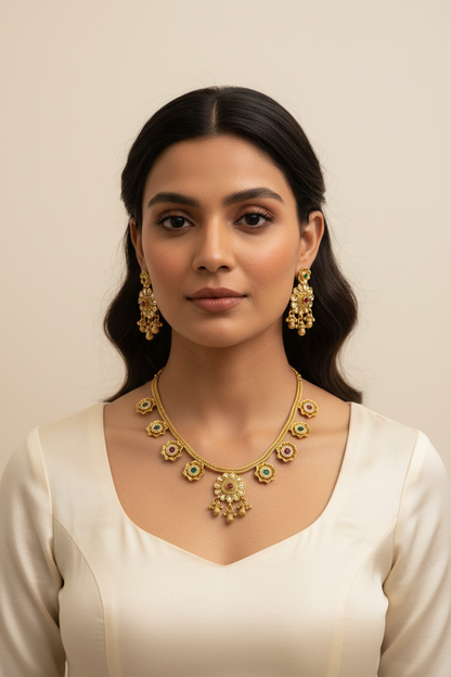 Gold polished necklace set by Kurti Connection USA