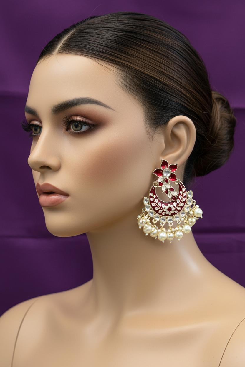 Maroon chandbali earrings by Kurti Connection USA
