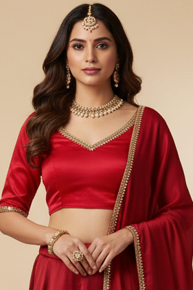 Plain red satin silk blouse by Kurti Connection USA