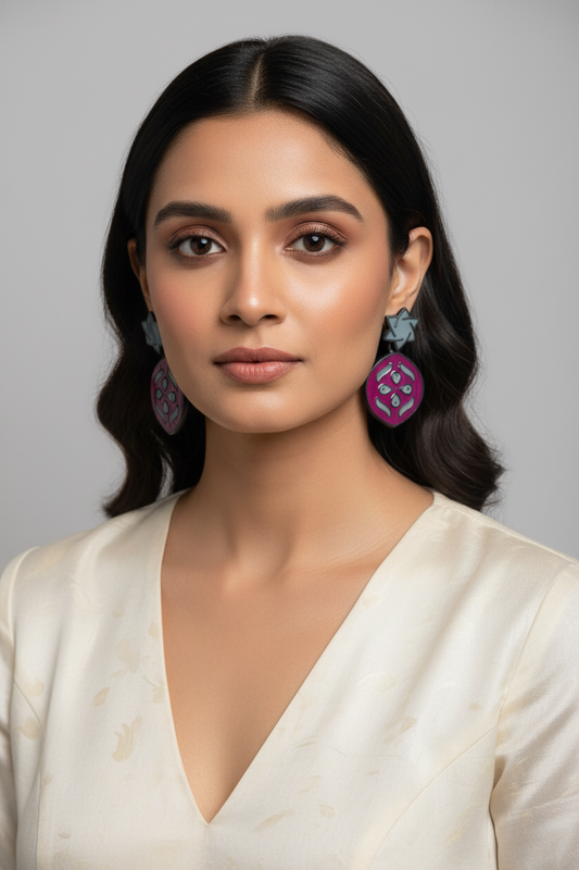 Hand painted earrings: pink and grey by Kurti Connection USA