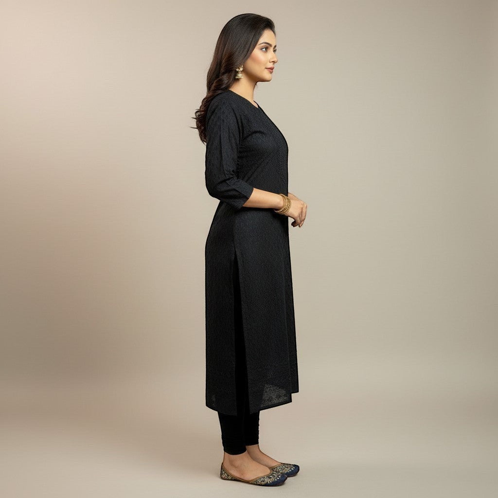 Kurti Connection USA black embroidered cotton kurti with V-neck and three-quarter sleeves.