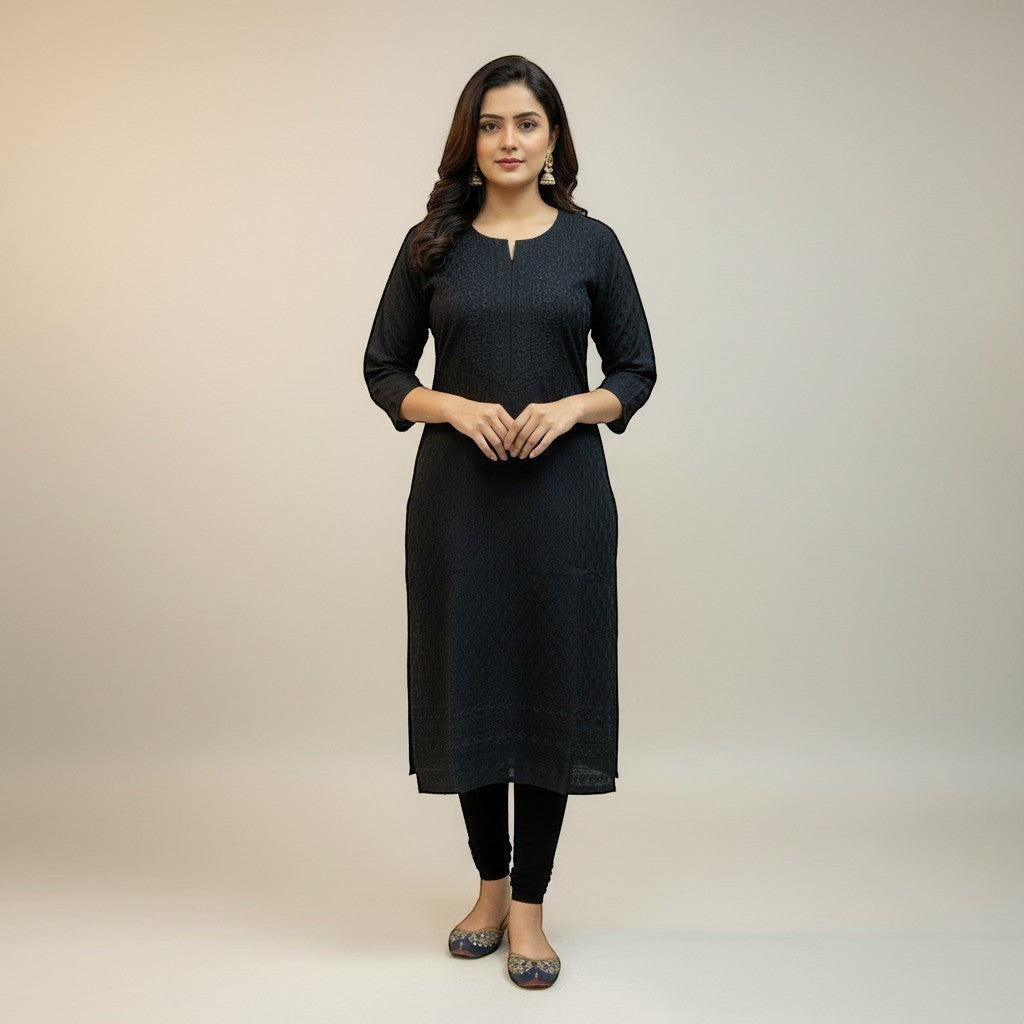 Kurti Connection USA black embroidered cotton kurti with V-neck and three-quarter sleeves.