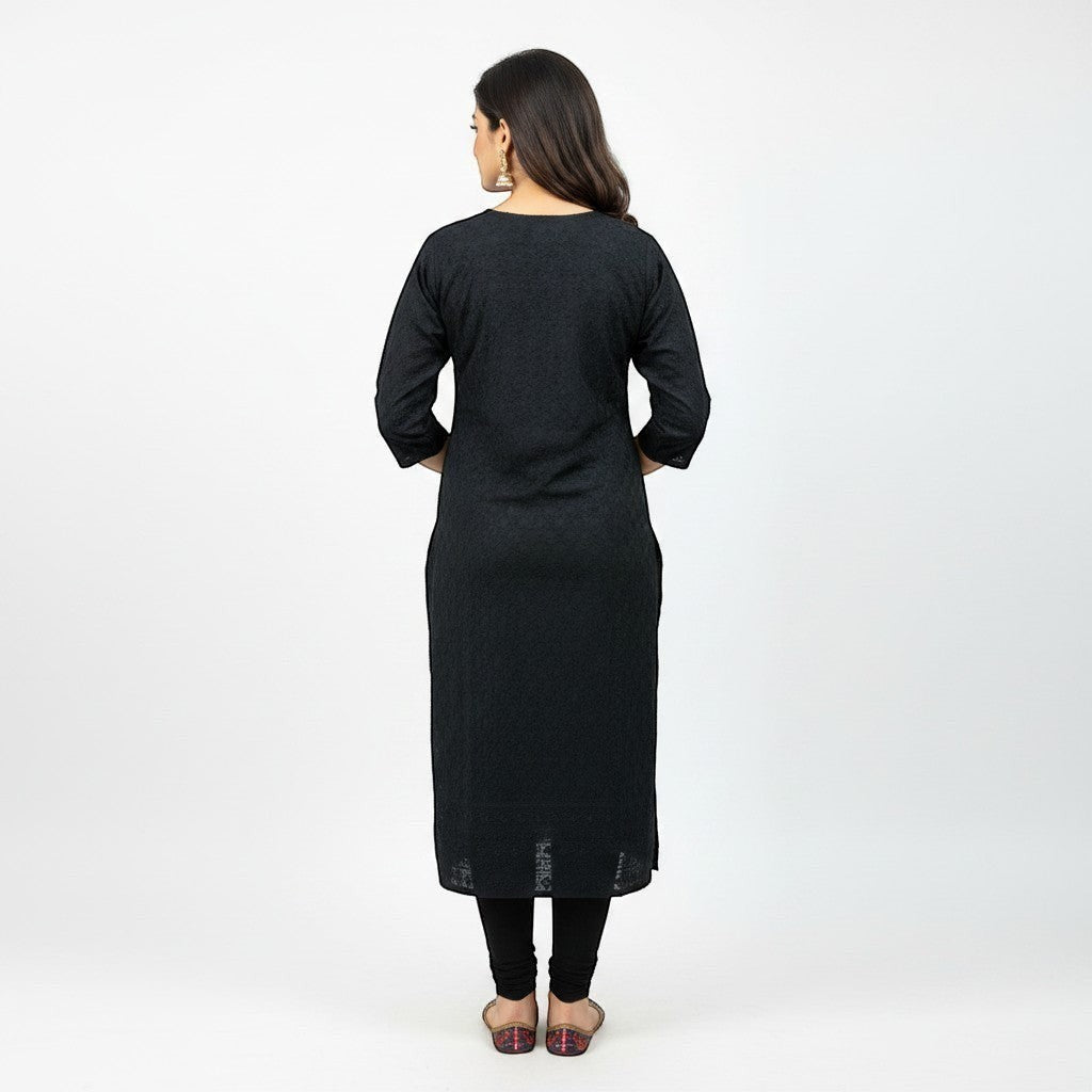 Kurti Connection USA black embroidered cotton kurti with V-neck and three-quarter sleeves.