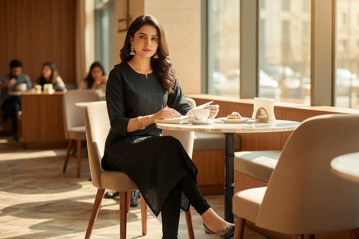 Kurti Connection USA black embroidered cotton kurti with V-neck and three-quarter sleeves, worn by a woman sitting at a cafe.