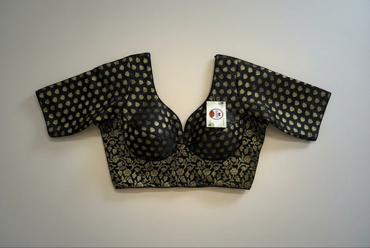 Kurti Connection USA black and gold brocade blouse with floral embroidery and sweetheart neckline.