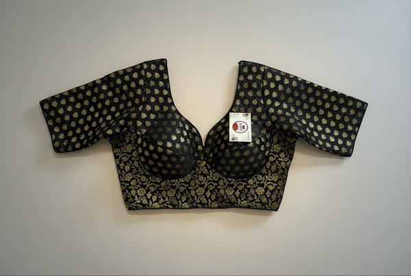 Kurti Connection USA black and gold brocade blouse with floral embroidery and sweetheart neckline.
