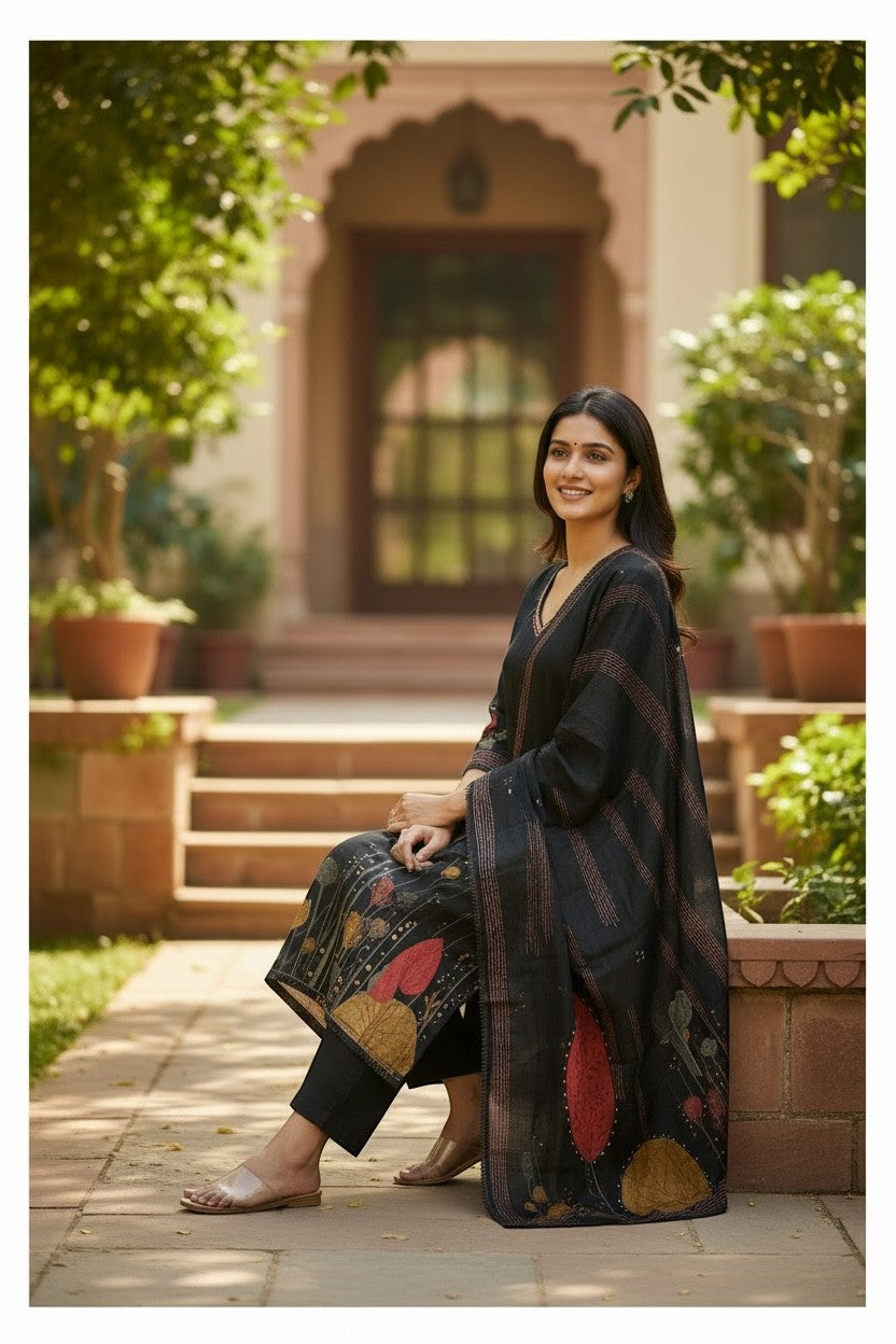 Kurti Connection USA black kurti set with abstract floral print, V-neck, full sleeves, matching dupatta, and black pants.