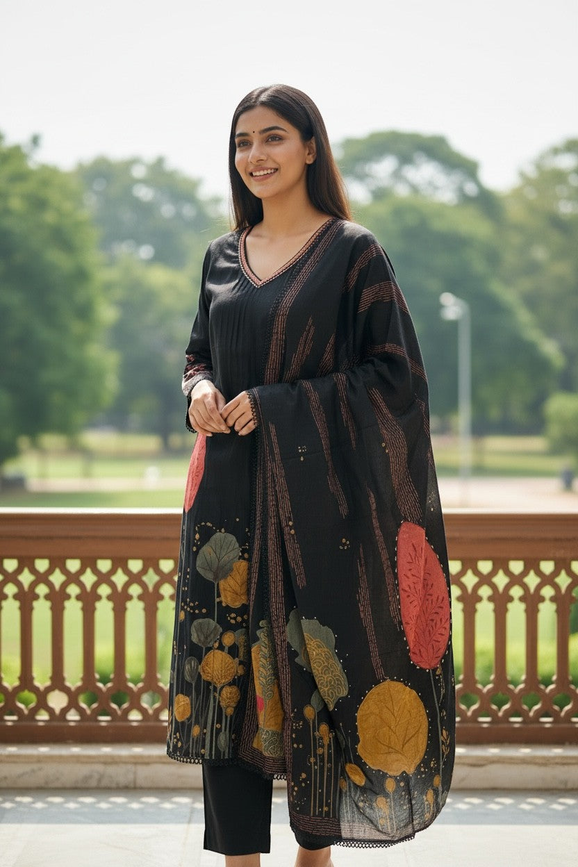 Kurti Connection USA black kurti set with abstract floral print, V-neck, full sleeves, matching dupatta, and black pants.