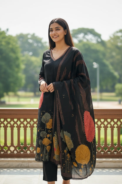 Kurti Connection USA black kurti set with abstract floral print, V-neck, full sleeves, matching dupatta, and black pants.