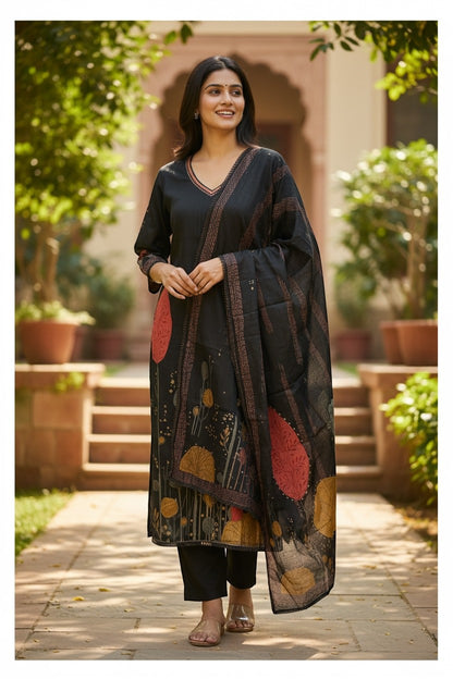 Kurti Connection USA black kurti set with abstract floral print, V-neck, full sleeves, matching dupatta, and black pants.