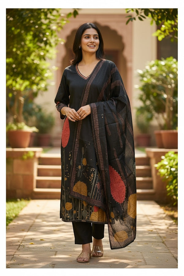 Kurti Connection USA black kurti set with abstract floral print, V-neck, full sleeves, matching dupatta, and black pants.