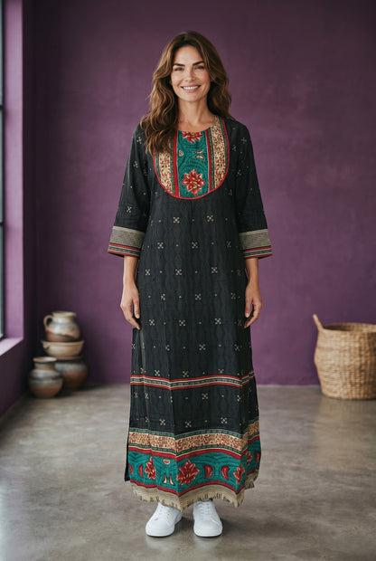 Kurti Connection USA black rayon cotton nighty with embroidered neckline and floral border