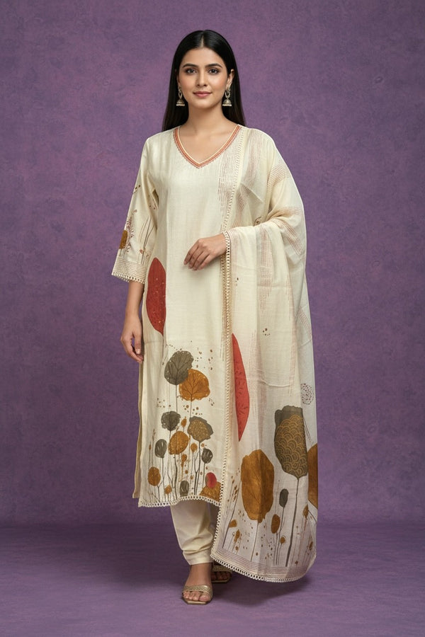Kurti Connection USA cream botanical print kurta set with rust, brown, ochre tones, V-neck, lace trim, and dupatta.