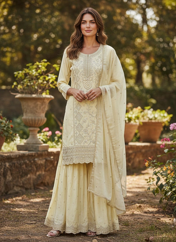 Kurti Connection USA cream silk blend kurti sharara set with silver embroidery and sequin dupatta.