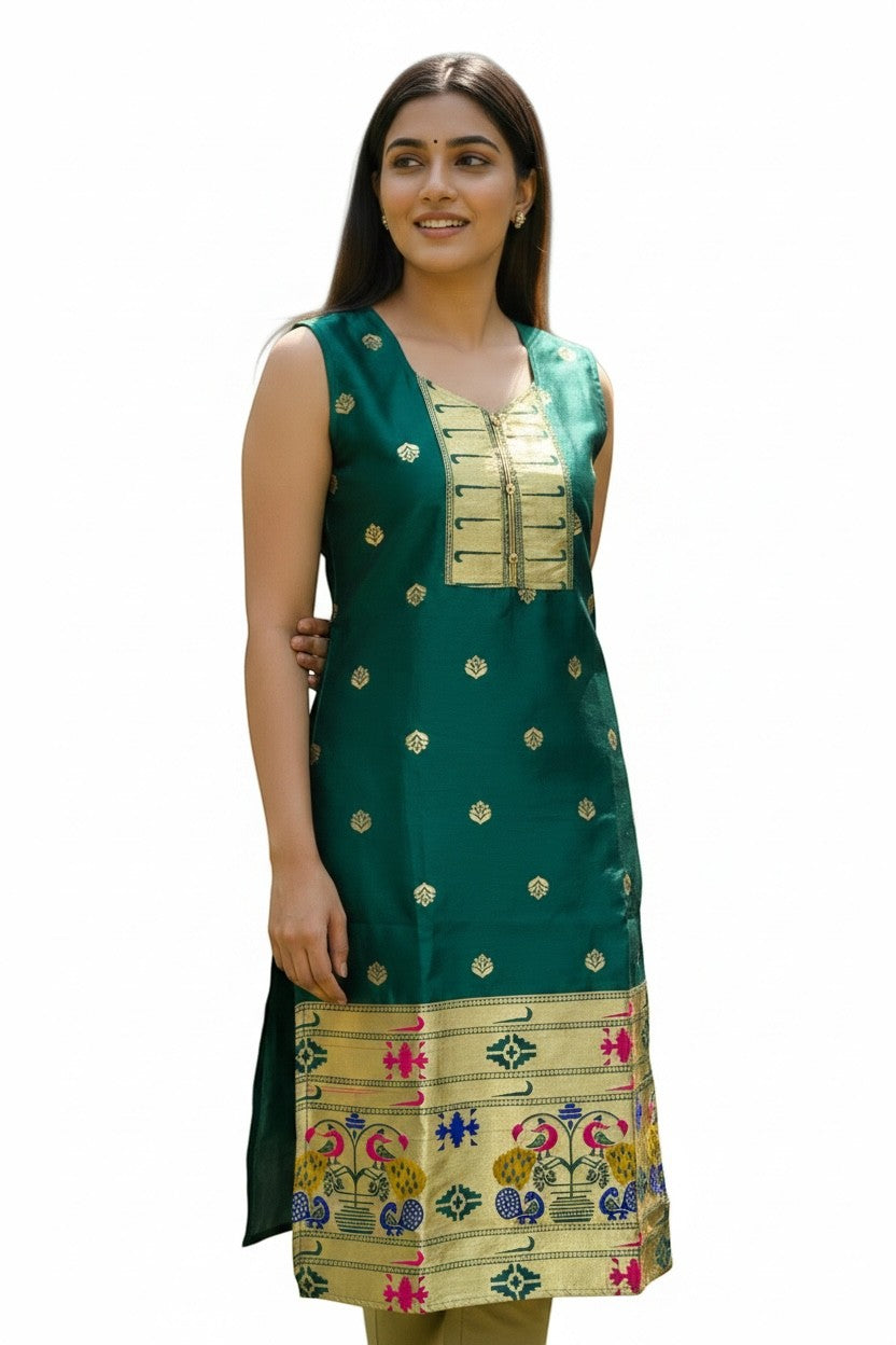 Kurti Connection USA emerald green silk sleeveless kurta with gold zari motifs, embellished neckline, and peacock border. Model is wearing it for a festive occasion.