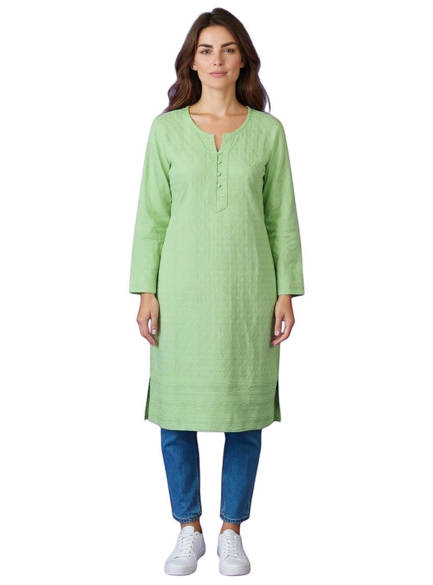 Kurti Connection USA light green cotton Chikankari kurti with embroidered details and button placket.